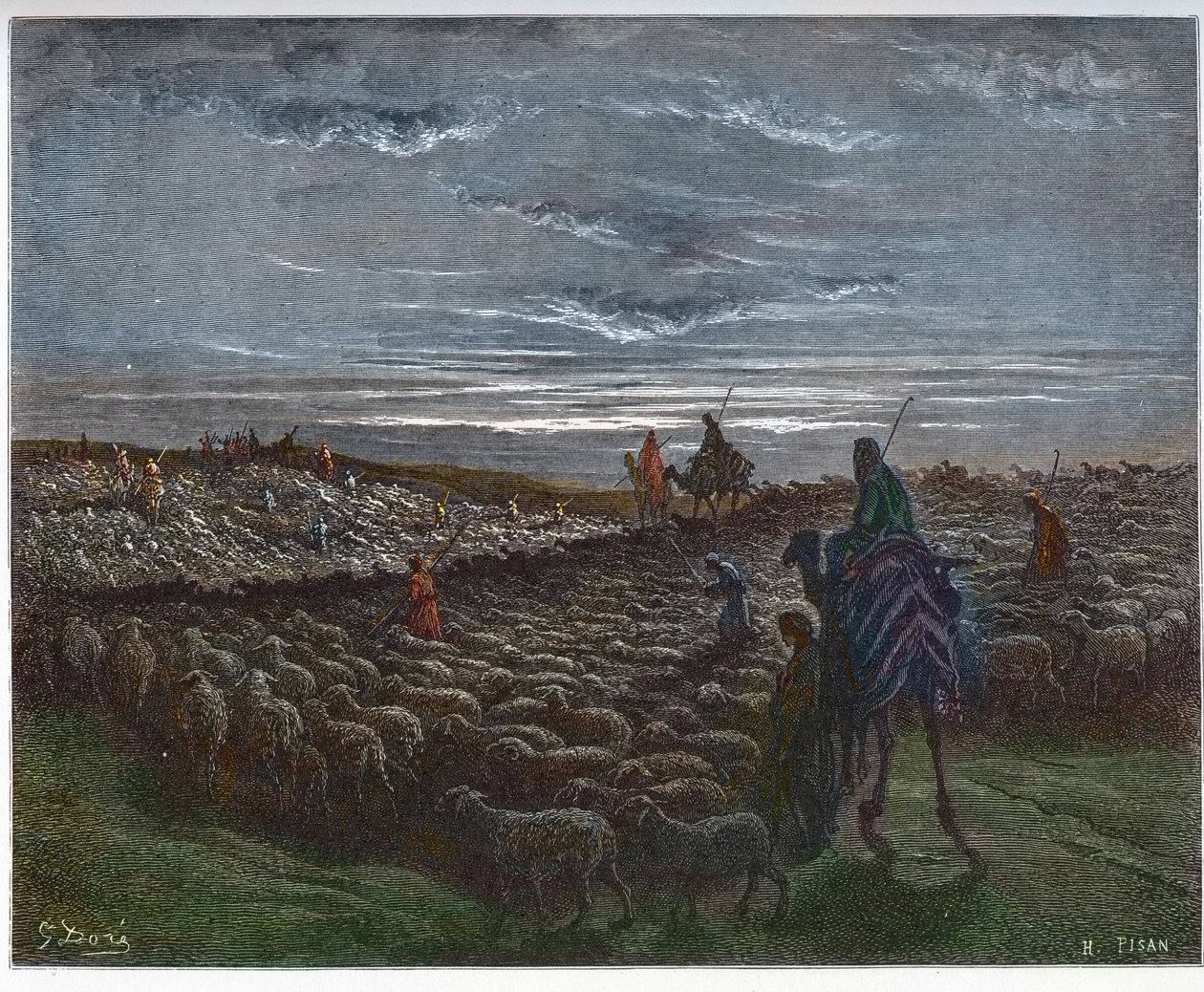 Abraham Journeying Into the Land of Canaan - Abram se usadil v zemi Canaan - rytina v „The Bible illustree“ od Gustava Dore (1832-1883) - Rytina z „“The Dore Bible““ od Gustave Dore