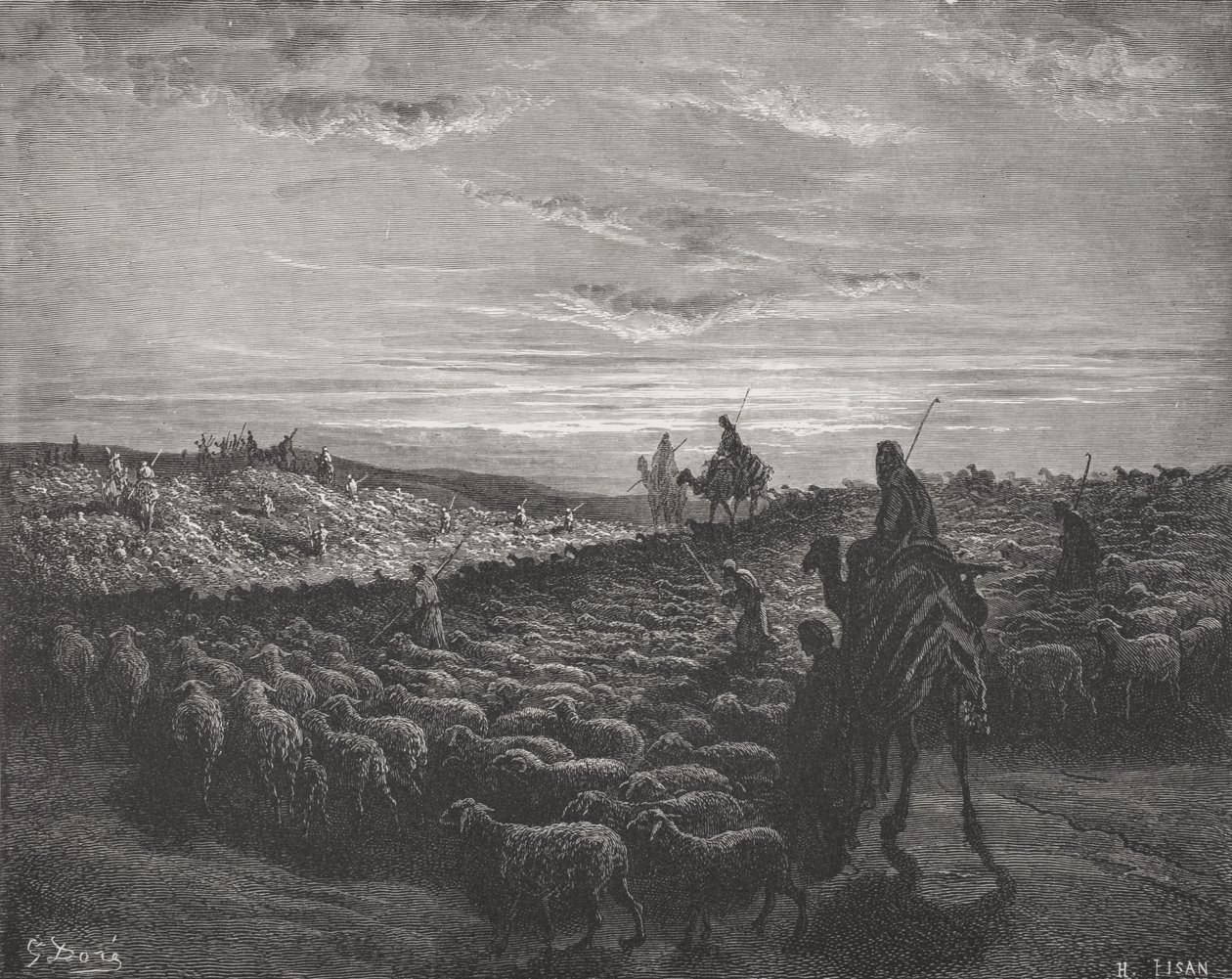 Abraham Journeying Into the Land of Canaan, Genesis 13:1-4, ilustrace z Doreovy „Svaté bible“, vyryté Pisanem, 1866 od Gustave Dore