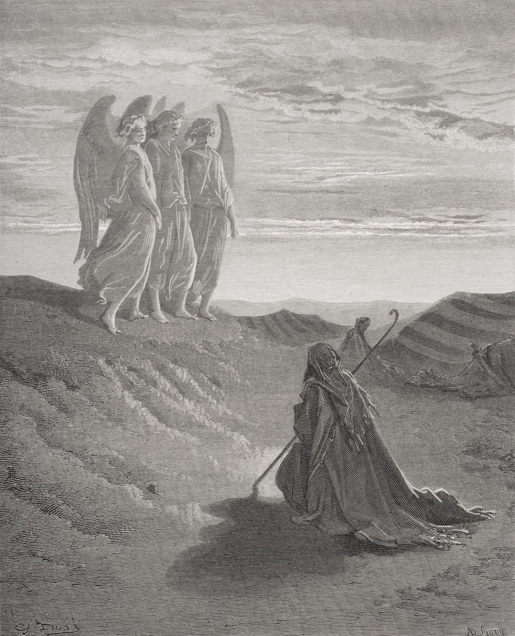 Abraham a tři andělé, ilustrace z Doreovy „Svaté bible“, vyryl Ligny, 1866 od Gustave Dore