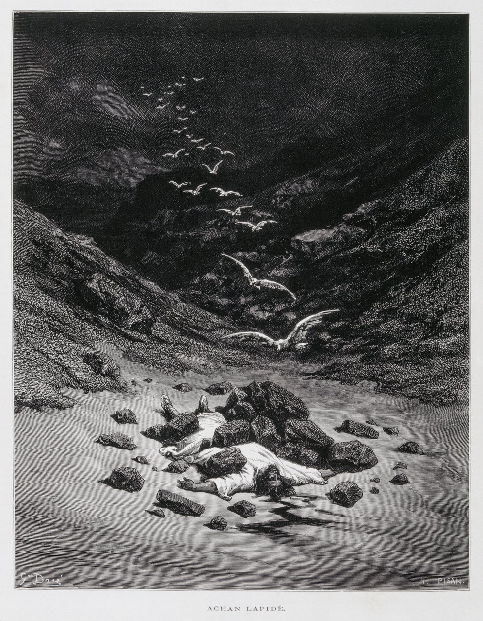 Achan je ukamenován k smrti (Joz 7,1.10-26), Ilustrace z Doreho bible od Gustave Dore