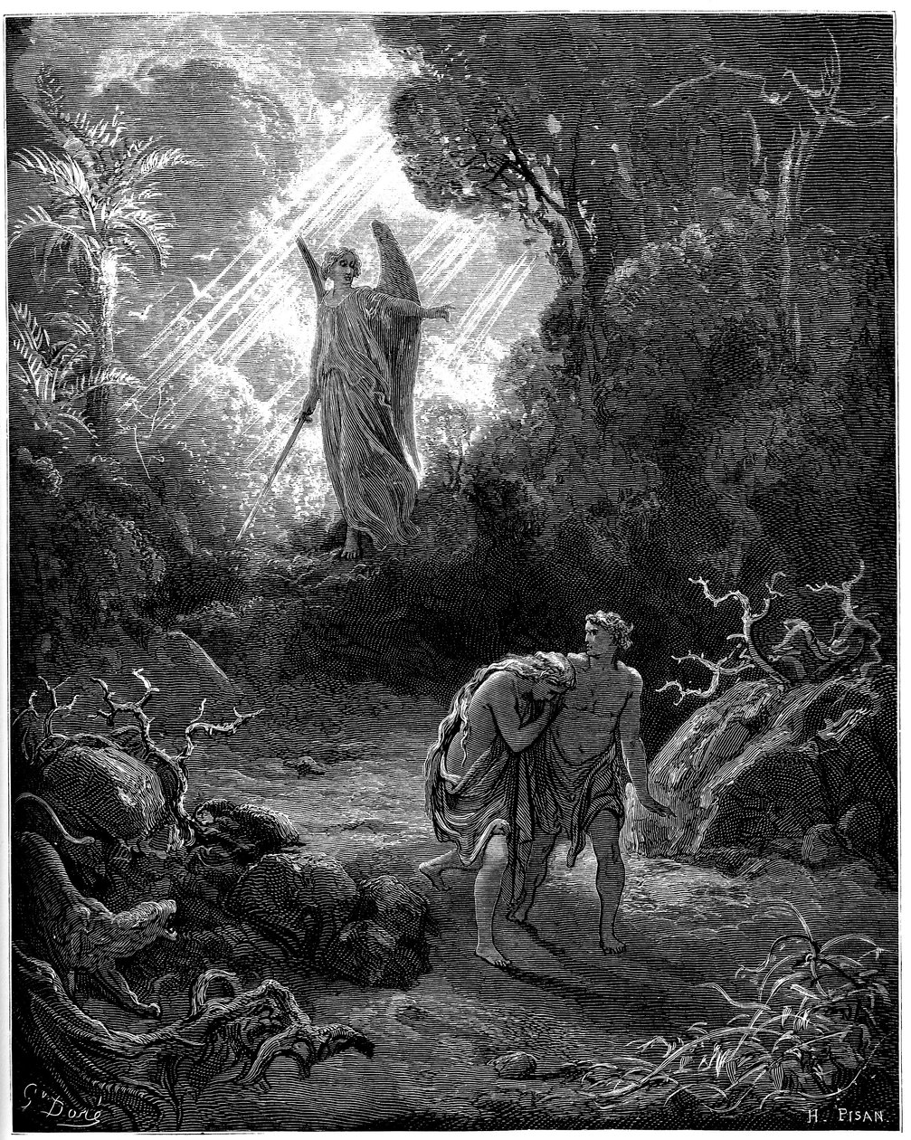 Adam a Eva loví z ráje - Ilustrace Gustava Doreho pro The Bible - od Gustave Dore