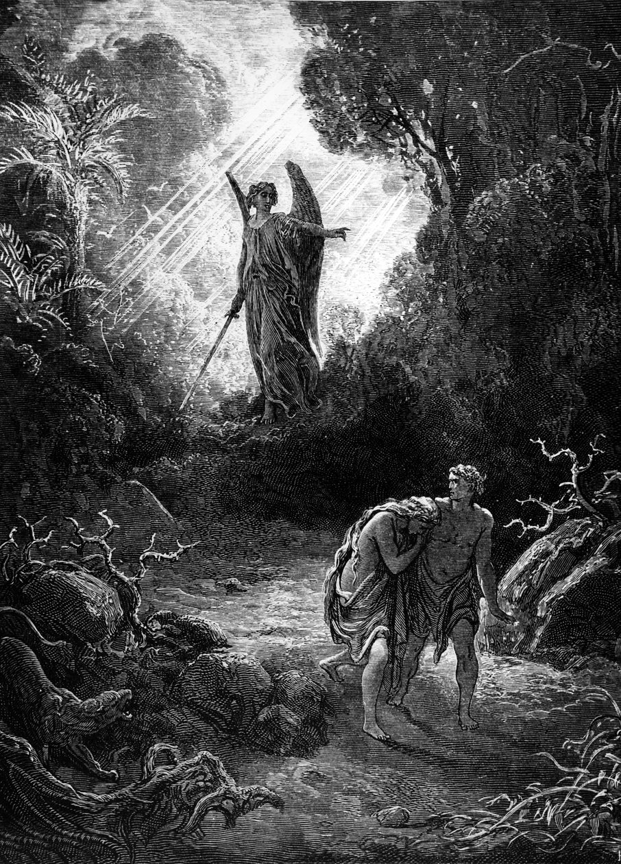 Adam a Eva jsou na lovu z ráje. Rytina Gustava Doreho. Edice Mame 1891. od Gustave Dore