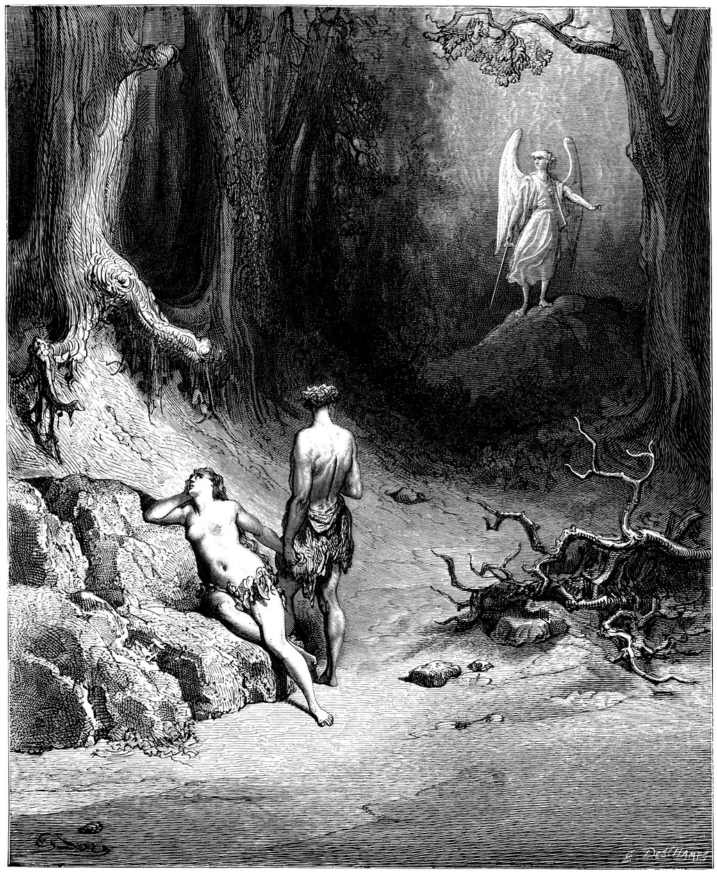 Adam a Eva jsou na lovu z ráje. Ilustrace Gustava Doreho ke knize "Ztracený ráj" od Johna Miltona (1608-1674). Rytina z roku 1866. Soukromá sbírka od Gustave Dore