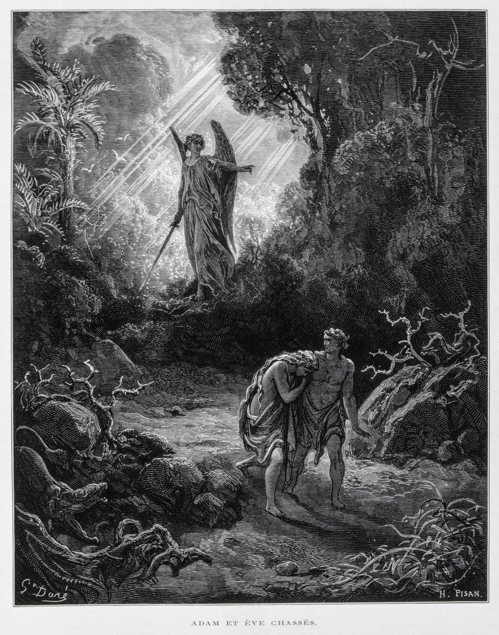 Adam a Eva vykázáni andělem z rajské zahrady, Ilustrace z Doreovy bible. od Gustave Dore
