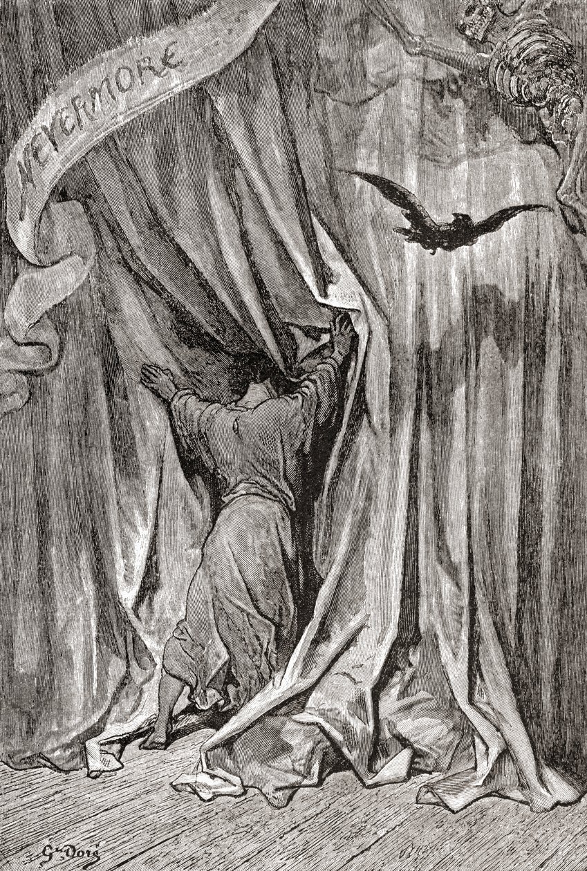 Podle kresby Gustava Dora k básni Edgara Allana Poea Havran. Z knihy Život a vzpomínky Gustava Doreho, vydané v roce 1885. od Gustave Dore