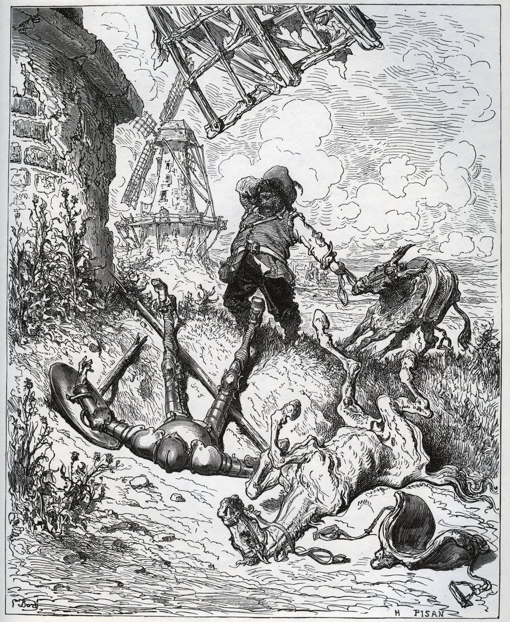 Po útoku dává větrným mlýnům – „“ Misericorde! "" Sancho - z "" Don Quijote de la Mancha"" od Miguela Cervantese (1547-1616) (Don Quijote) - dřevořez podle kresby Gustava Dore od Gustave Dore