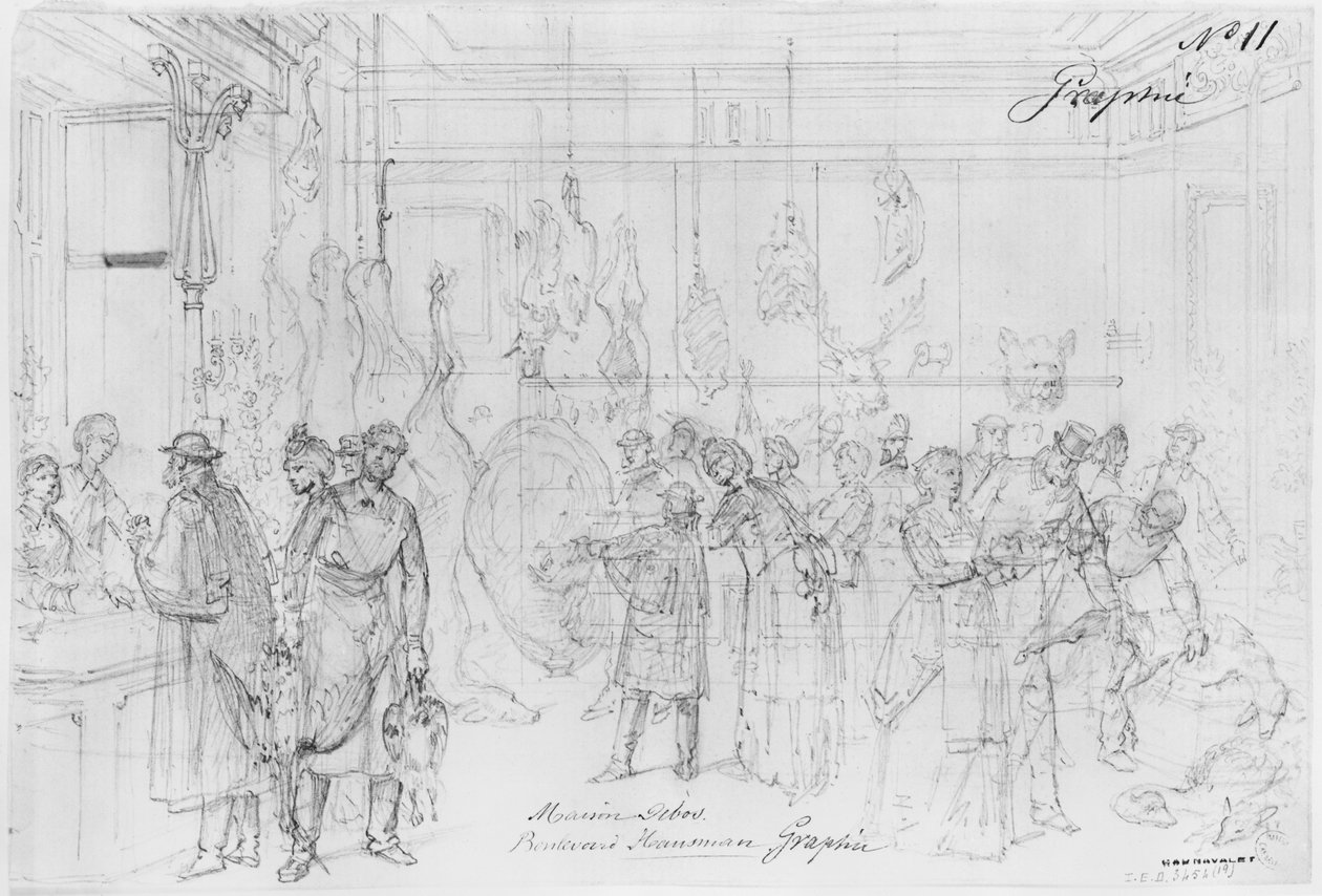 Album Obležení Paříže, Maison Debos, boulevard Haussmann (pero a hnědý inkoust a tužka na papíře) od Gustave Dore