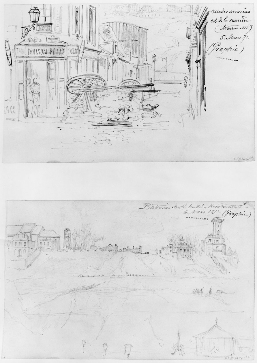 Album Obležení Paříže, Rue des Acacias et rue de la Carriere 5. března 1871, baterie na Buttes Montmartre 6. března 1871 (pero a hnědý inkoust a tužka na papíře) od Gustave Dore