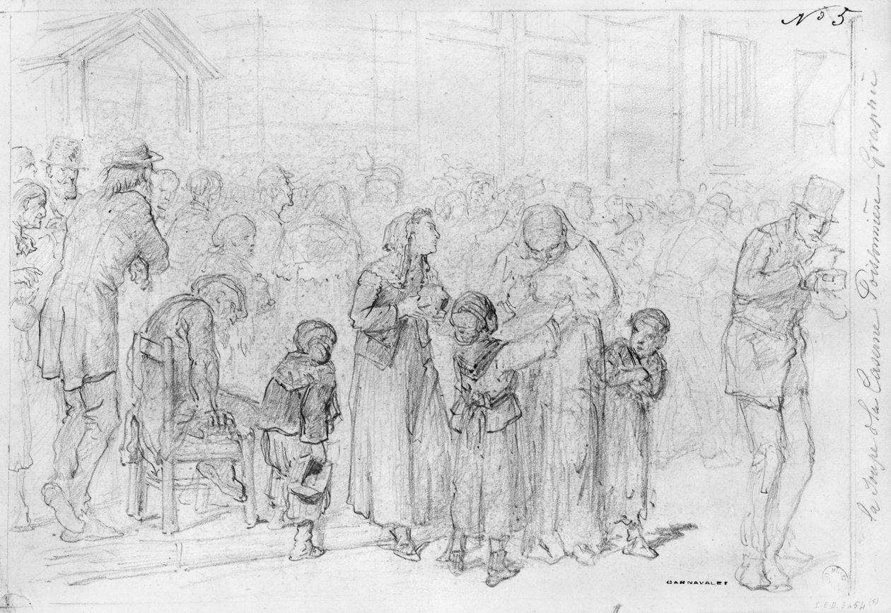 Album Obležení Paříže, polévka z kasáren Poissonniere (pero a hnědý inkoust a tužka na papíře) od Gustave Dore
