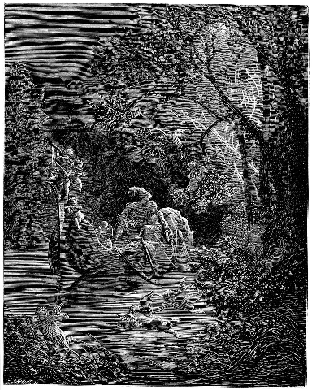 Alcina a Ruggiero jako šťastní milenci na rybaření od Gustave Dore