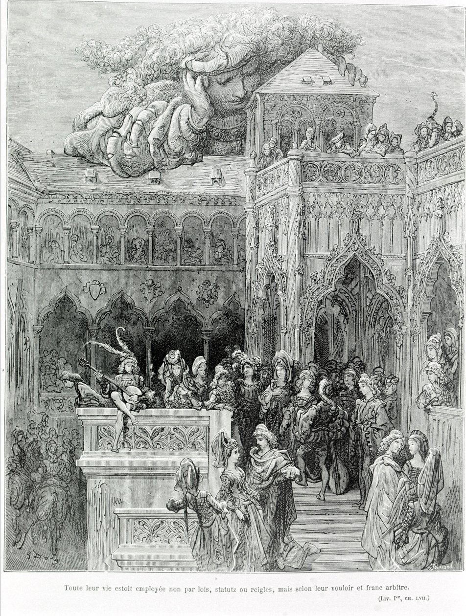 Celý jejich život byl zaměstnán nikoli zákony, stanovami nebo pravidly, ale podle jejich vůle a upřímné vůle, po Gargantuovi (1534) od Françoise Rabelaise (1483 - 1553). Vyryl Gustave Dore (1832-1883). od Gustave Dore