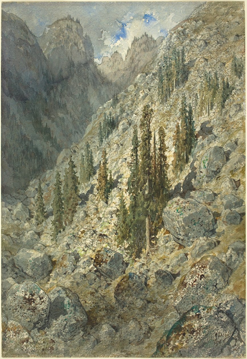 Alpské údolí se stromy a balvany od Gustave Dore
