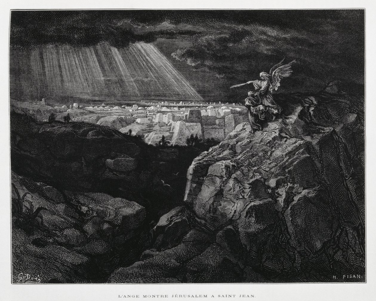 Anděl se svatým Janem Křtitelem před Jeruzalémem, ilustrace z Doreho bible od Gustave Dore
