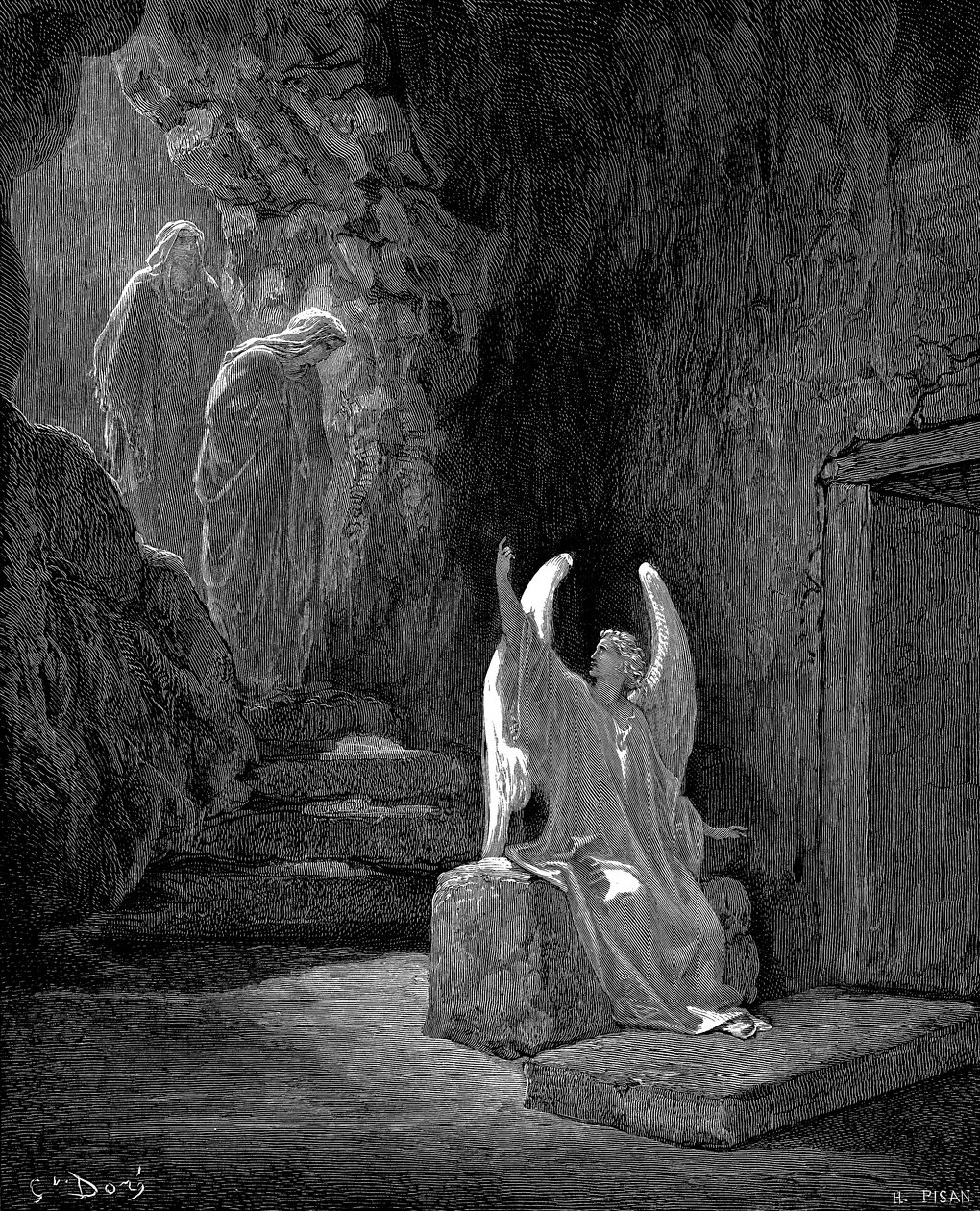 Anděl ukazuje Marii Magdalenu a další Marii Christs prázdnou hrobku, 1865-1866 od Gustave Dore