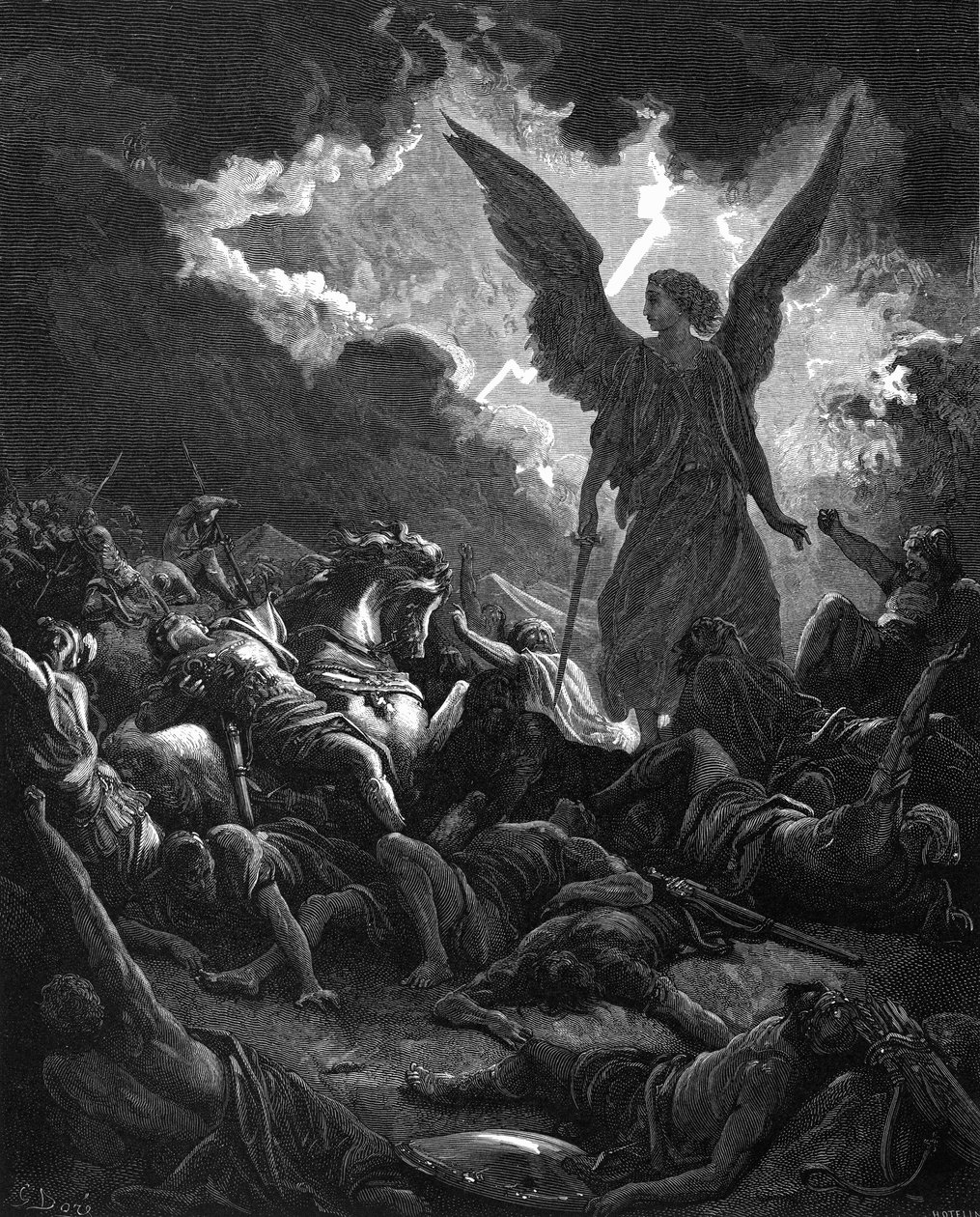 Archanděl Gabriel, nástroj Boží, udeřil tábor Senacherib a Asyřané, 1865-1866 od Gustave Dore
