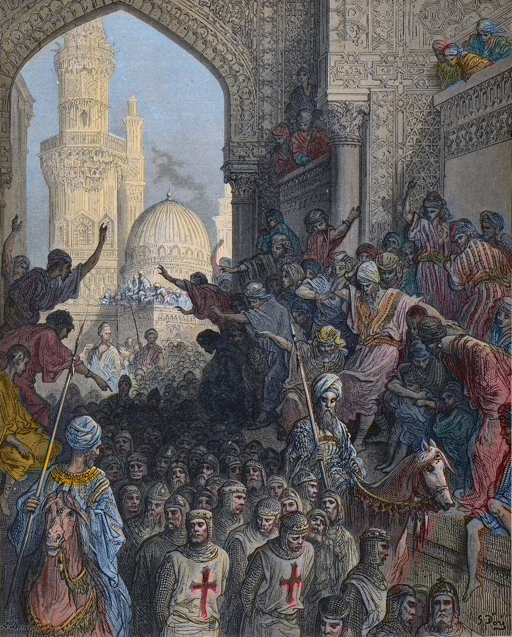 Příjezd vězňů Minieh do Káhiry - Sedmá křížová výprava 1248-1254, vedená Saint Louisem - Příjezd zajatců do Káhiry - Po porážce Mansury (bitva u Mansourah) 8. února od Gustave Dore