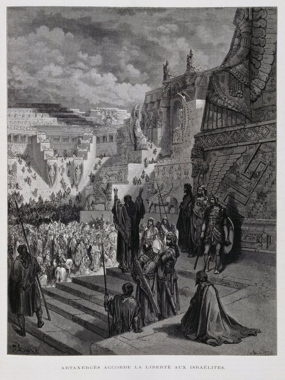 Artaxerxes uděluje Židům v Persii svobodu, Ilustrace z Doreho bible od Gustave Dore