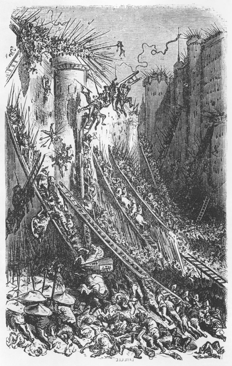 Útok na hrad nebo opevněné město, ilustrace z „Les Contes Drolatiques“ od Honore de Balzac (1799-1850) od Gustave Dore