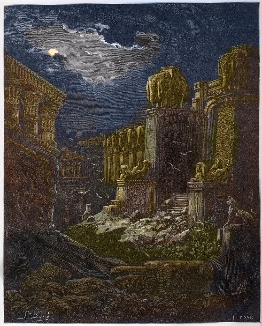 Zřícenina Babylonu - Pád Babylonu - Babylon v troskách (vize svatého Jana) - Rytina v „The Bible illustree“ od Gustava Dore (1832-1883) - Rytina z „“The Dore Bible““ od Gustave Dore