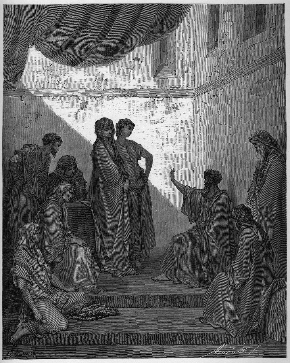 Baptim of Cornelius the Centurion - Cornelius Setník přijímá víru Ježíše Krista a je pokřtěn svatým Petrem. - Rytina do „The Bible illustree“ od Gustava Dore (1832-1883) - Rytina z „“The Dore Bible““ od Gustave Dore