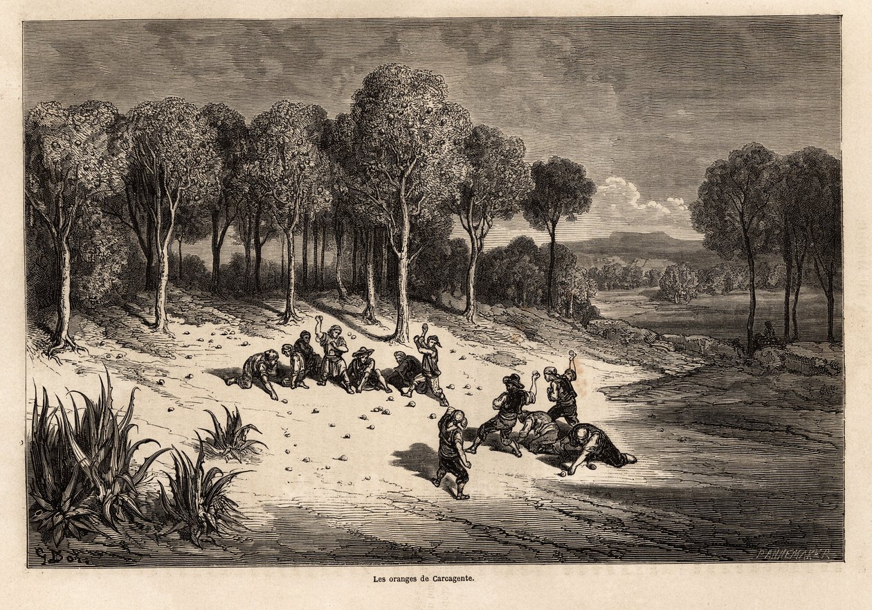 Bitva o pomeranče od Carcagente, kresba Gustave Dore (1832-1883), pro ilustraci jeho cesty do Španělska s C.Davillierem v roce 1862. Rytina „“Le tour du monde“, editoval Edouard Charton od Gustave Dore