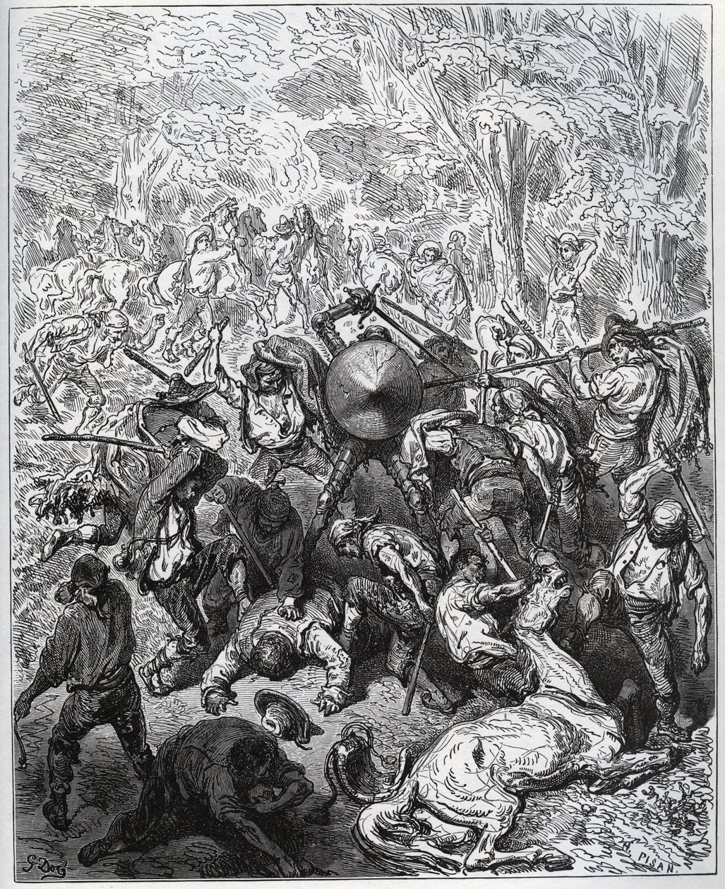 Bitva s výrobci mezků - Yangoisové používali své hole - z „Don Quijote de la Mancha“ od Miguela Cervantese (1547-1616) (Don Quijote) - Dřevoryt podle kresby Gustava Dore od Gustave Dore