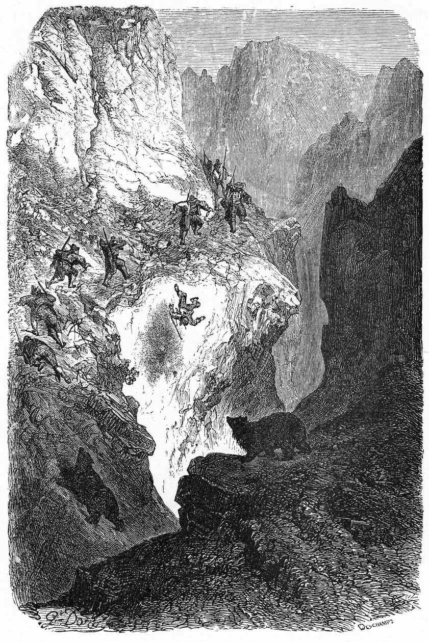 Lov medvěda v Pyrenejích: muž padá z hory. Rytina Gustava Doreho ilustrující knihu "Cesta do Pyrenejí" od Hippolyta Taina, Hachette 1860. od Gustave Dore