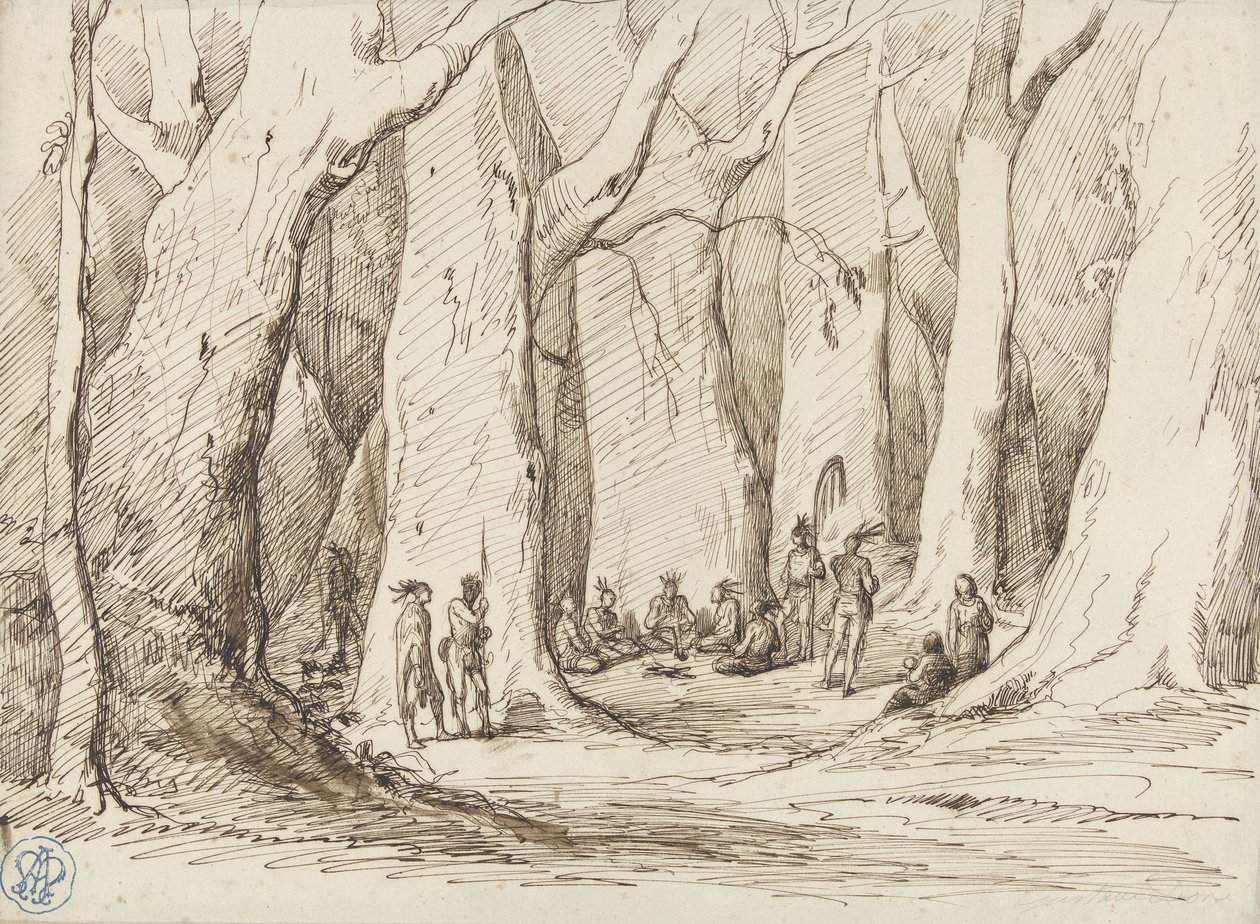 Shromáždění domorodých Američanů v lese od Gustave Dore