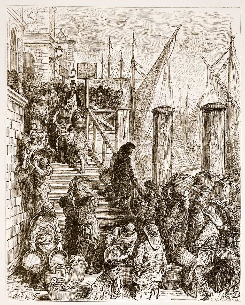 Billingsgate, vyloďování ryb, z knihy "London, a Pilgrimage", kterou napsal William Blanchard Jerrold (1826-94) a vyryl Hildibrand, vyd. 1872 od Gustave Dore