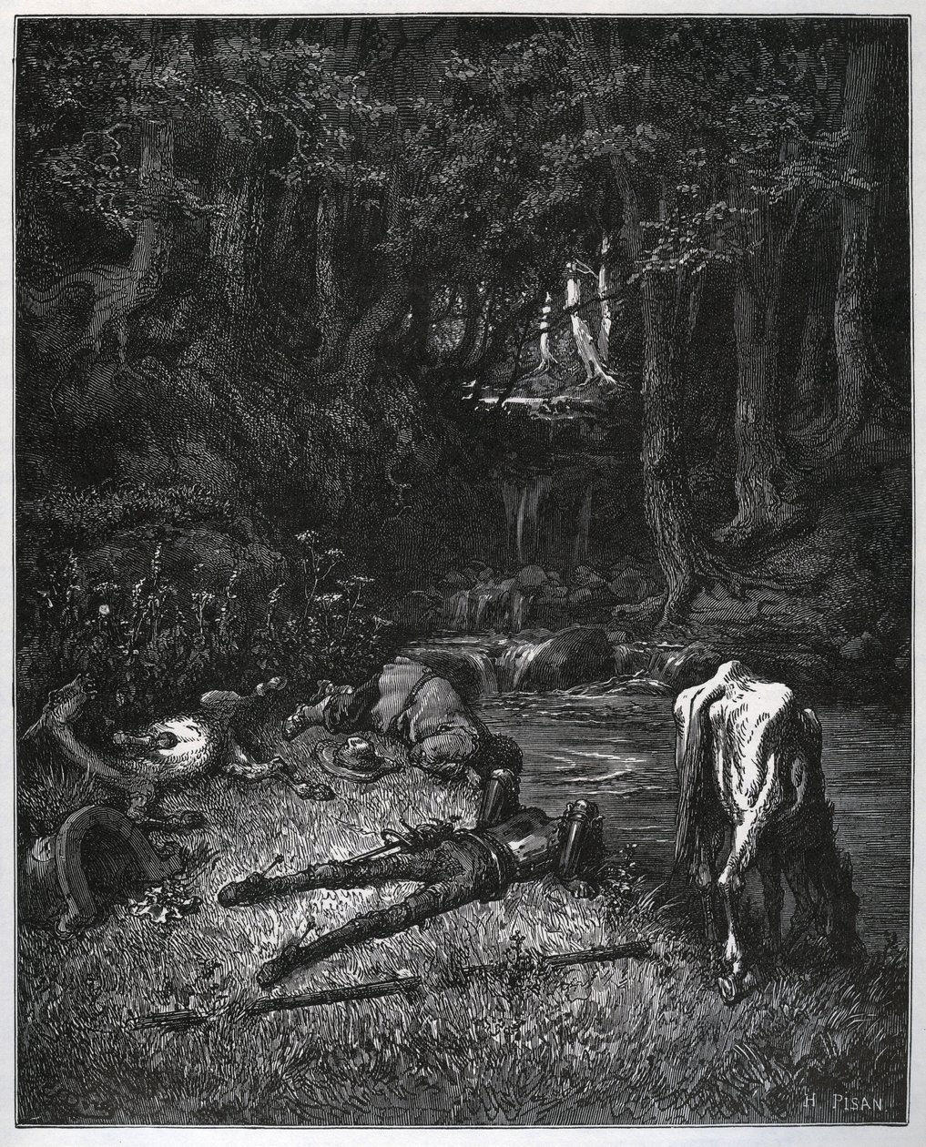 Bivak v lese - Uchváceni krásou toho místa se rozhodli strávit tam hodiny spánku - z „“Don Quijote de la Mancha”” od Miguela Cervantese (1547-1616) (Don Quijote) - Dřevoryt po kresbě od Gustave Dore od Gustave Dore