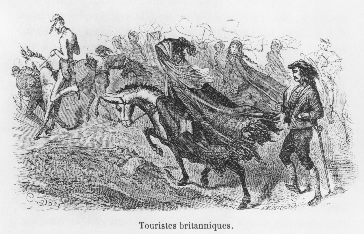 Britští turisté, ilustrace z „Voyage aux Pyrenees“ od Hippolyte Taine (1828-93), vyrytá Emilem Deschampsem (19. století) od Gustave Dore