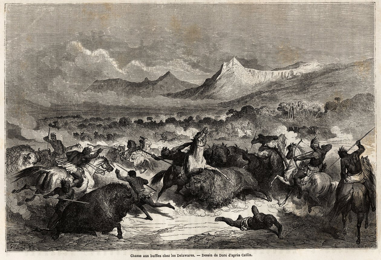 Lov buvolů mezi Delawary, Indiány žijícími na březích stejnojmenné řeky, kresba Gustave Dore (1832-1883), pro ilustraci plavby Mississippi do Tichého oceánu v letech 1853-54 od Baudouina Mollhausena (1825- 1905). Engravi od Gustave Dore