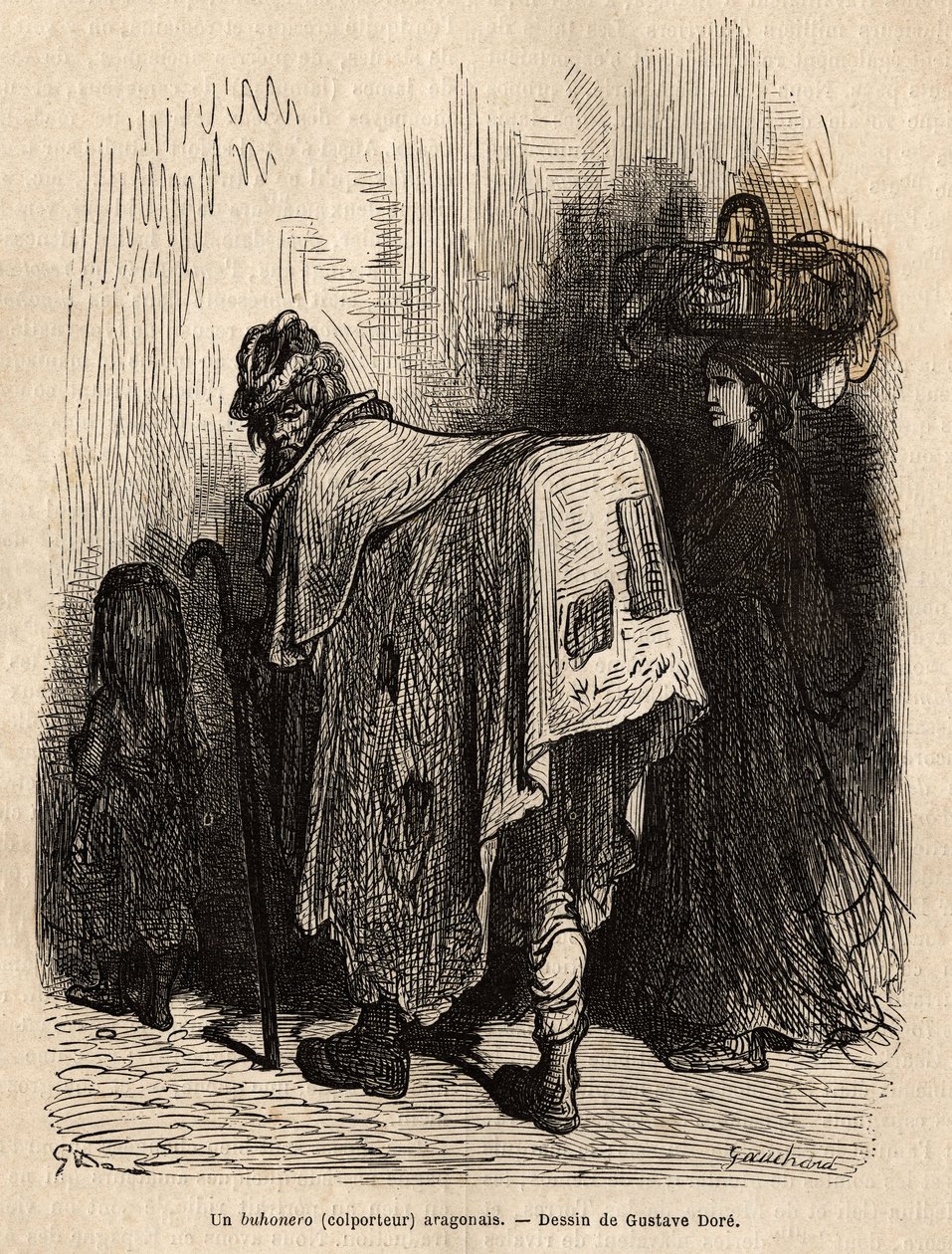 Buhonero, aragonský kramář. Kresba Gustava Dorea (1832-1883). Rytina pro ilustraci plavby ve Španělsku od Charlese Davilliera v roce 1862, publikovaná v „“Le tour du monde“““ 1872, editoval Edouard Charton, vydání Hachette, Paříž. Kolekce Selva. od Gustave Dore