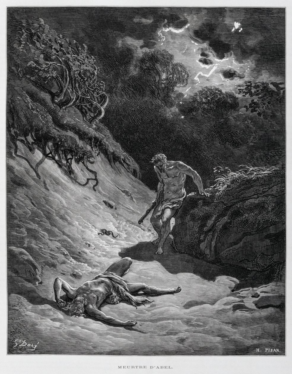 Kain zabije svého bratra Ábela, Ilustrace z Bible Doreho od Gustave Dore