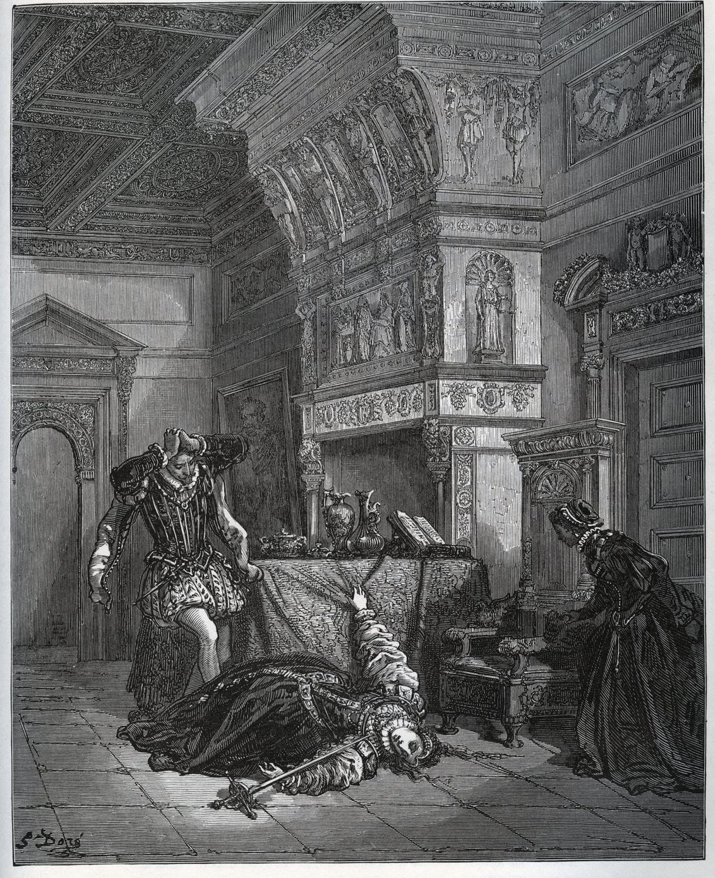 Camille předvedla před Lothairem a Leonellou sebevraždu – z „Don Quijote de la Mancha“ od Miguela Cervantese (1547-1616) (Don Quijote) – dřevořez podle kresby Gustava Dorea od Gustave Dore