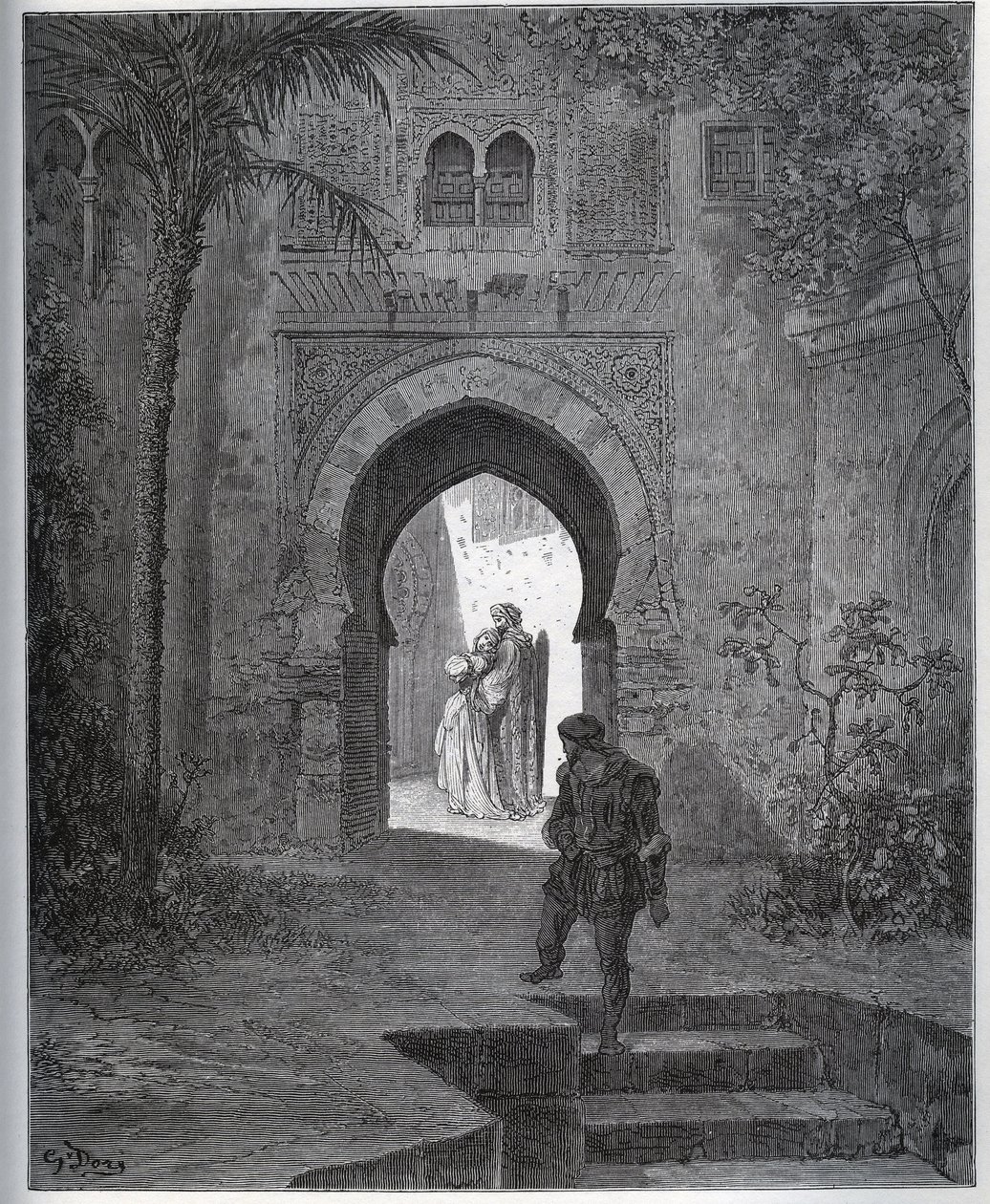 Zajatý příběh. První setkání zajatce se Zoraide v zahradě otce, který ji přivede zpět po své nechutné fintě z „Don Quijote de la Mancha“ od Miguela Cervantese od Gustave Dore