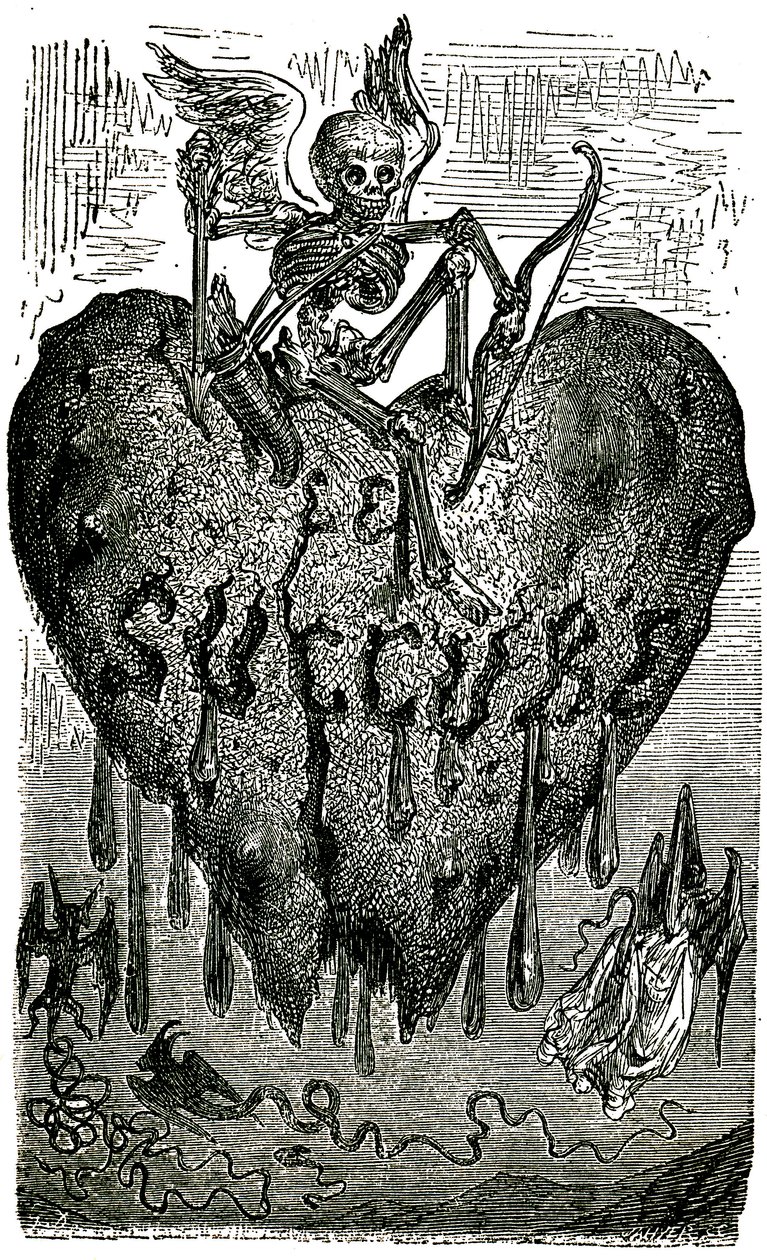 Ilustrace hlavy kapitoly od Gustava Doreho pro Drolatické povídky (1855) od Honore de Balzaca (1799-1850): sukuba (upír) - kostra, smrt, srdce, krev... od Gustave Dore