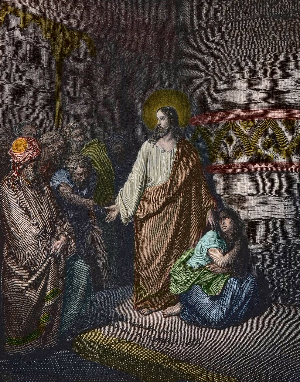“” Kristus a cizoložná žena”” Ilustrace Gustave Dore (1832-1883) - Ježíš a žena zajatá cizoložstvím - rytina Gustave Dore - pozdější kolorování od Gustave Dore