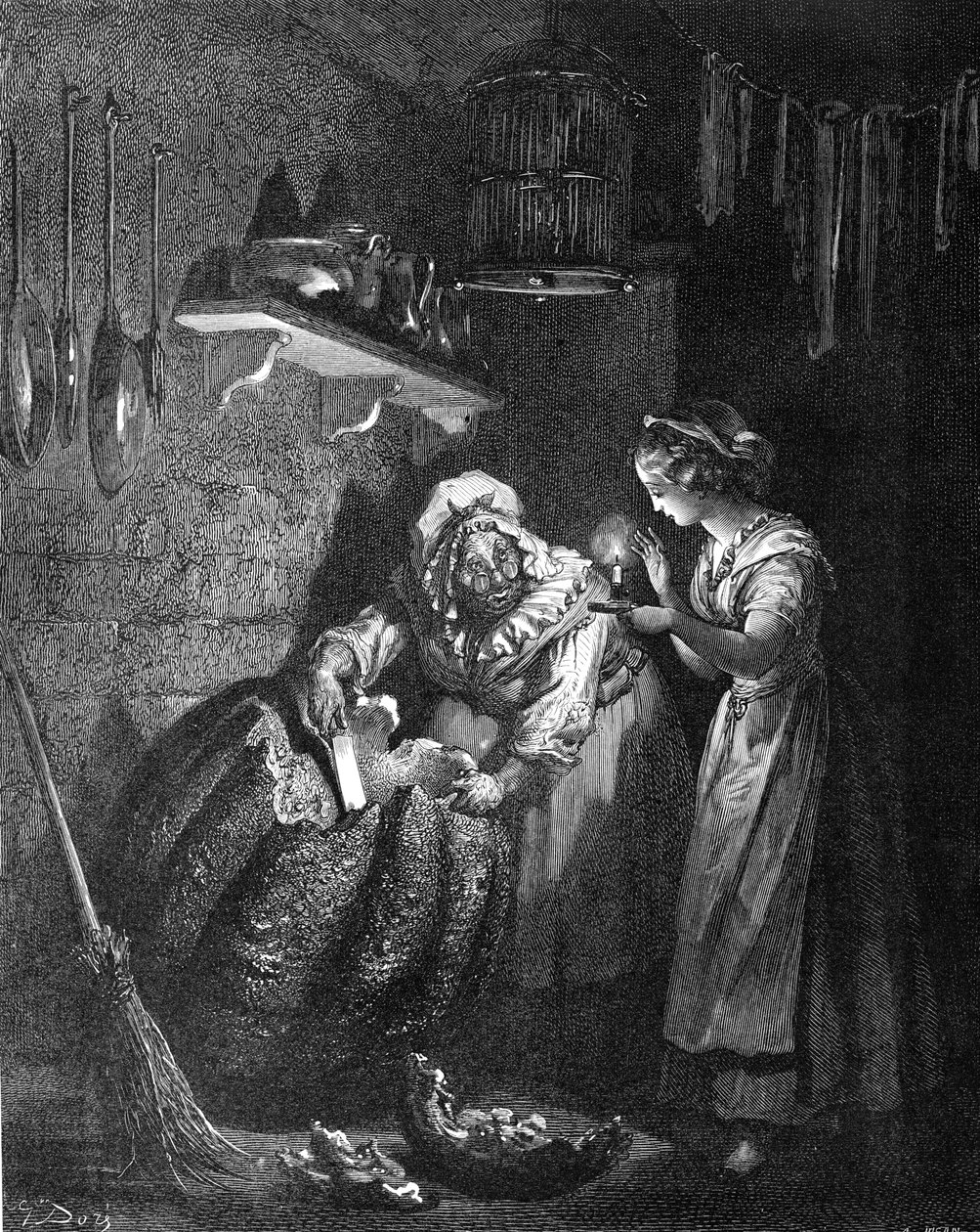 Popelka: Víla kmotra vyřezává dýni. od Gustave Dore