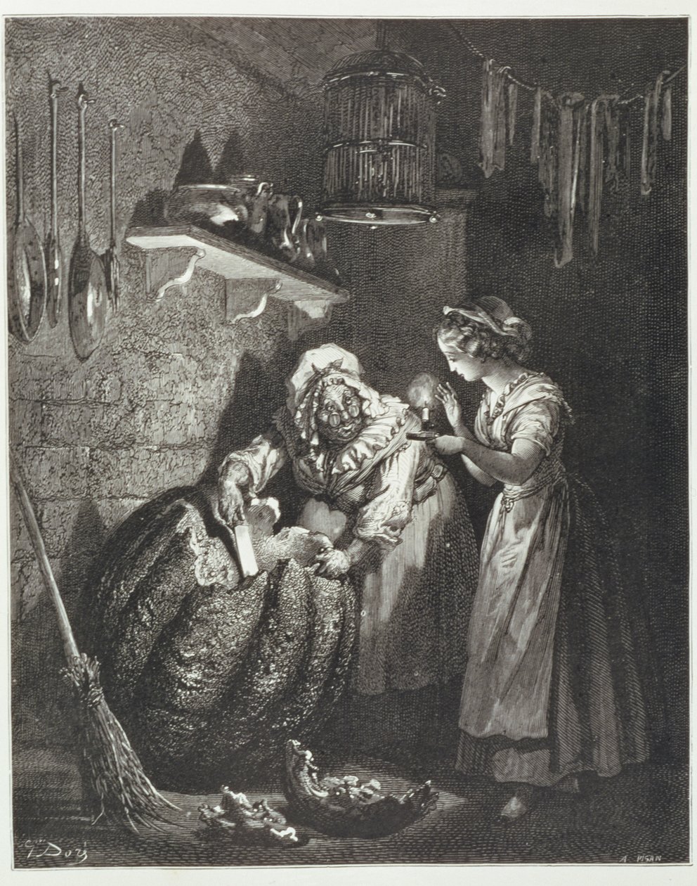 Popelčina kmotra a dýně, vyryl Heliodore Joseph Pisan (1822-90) kolem roku 1868 od Gustave Dore