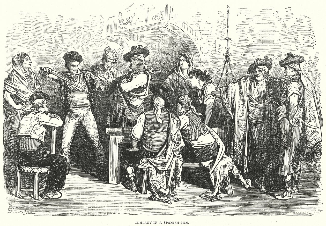 Společnost ve španělském hostinci (rytina) od Gustave Dore