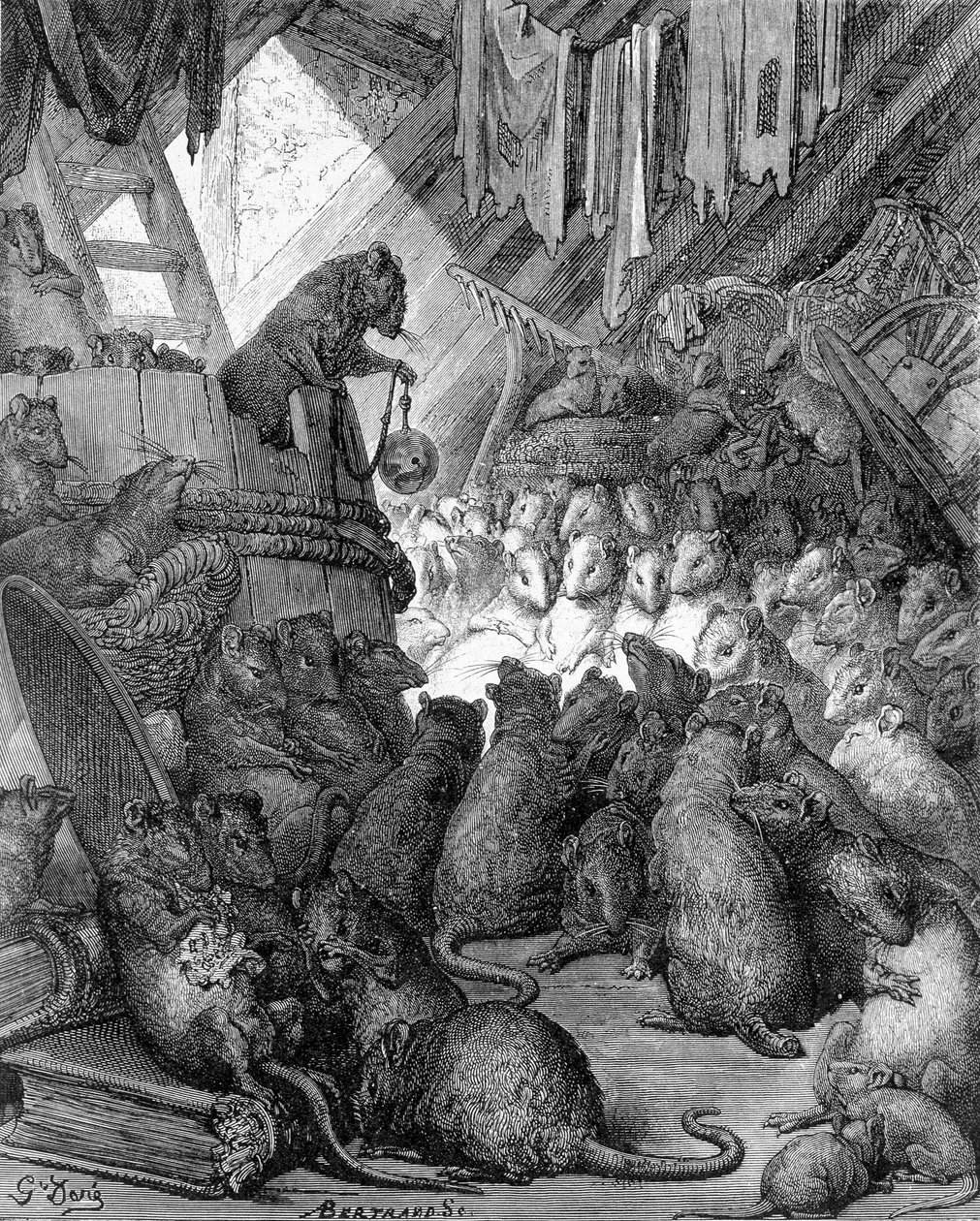 Rada pořádaná krysami - v “”Bajkách”” v La Fontaine, ill. od Gustava Doré od Gustave Dore