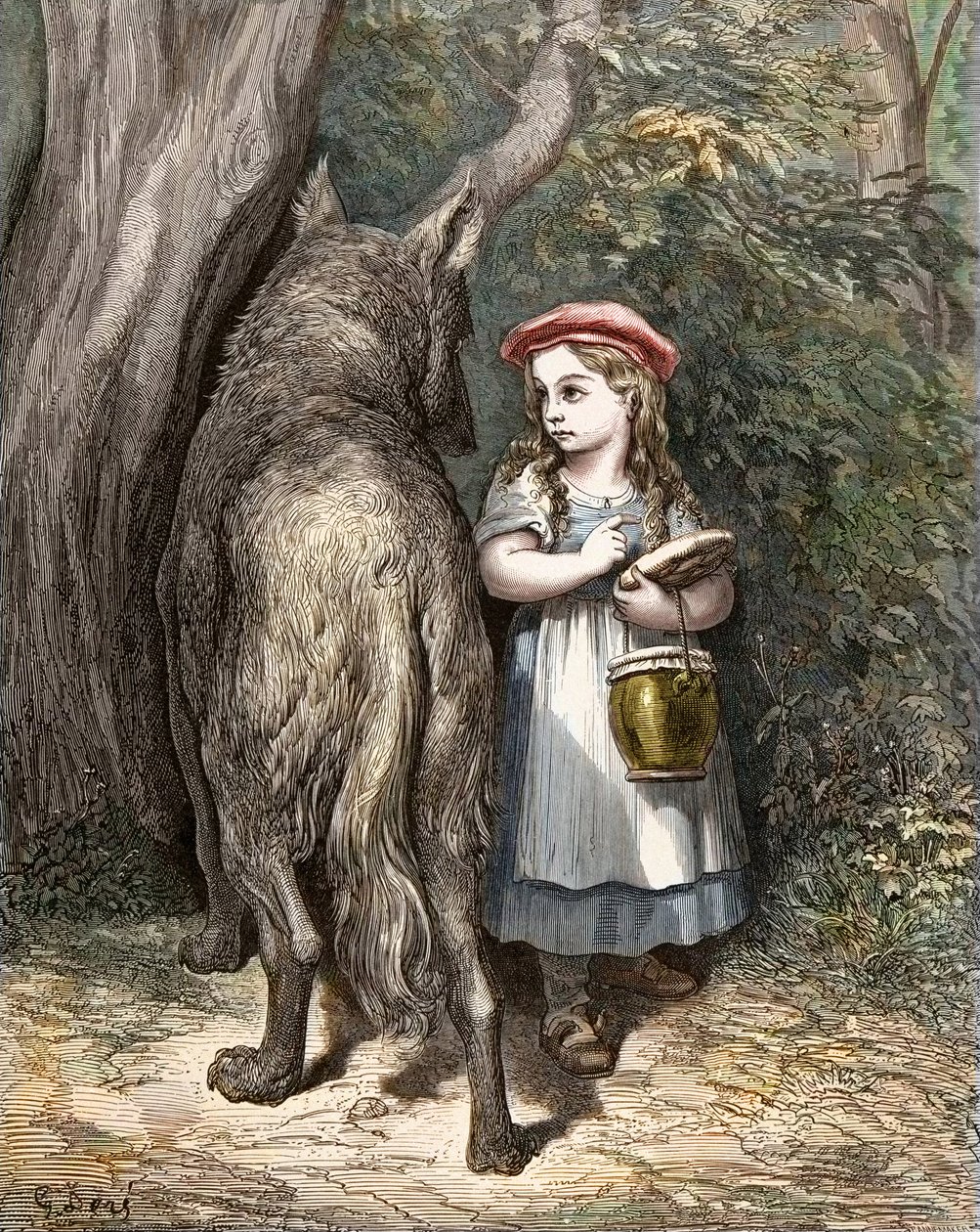 Při přechodu přes les se červená karkulka setká s vlkem. Rytina od Gustava Dore (1832-1883) z „The Tales“ od Charlese Perraulta (1628-1703) od Gustave Dore