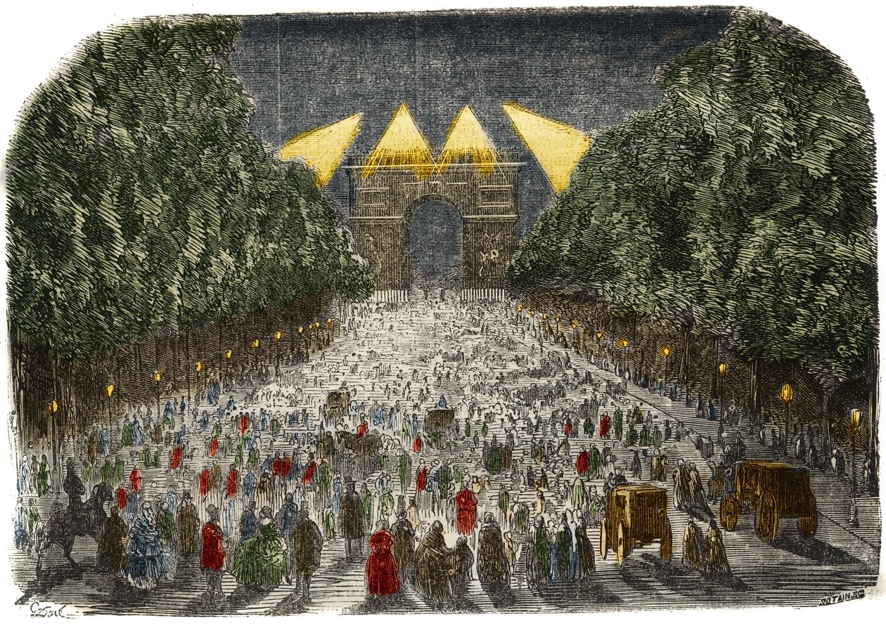 Dav obdivující elektrické osvětlení Vítězného oblouku a Champs Elysees (Champs-Elysees) v Paříži 26. a 27. října od Gustave Dore