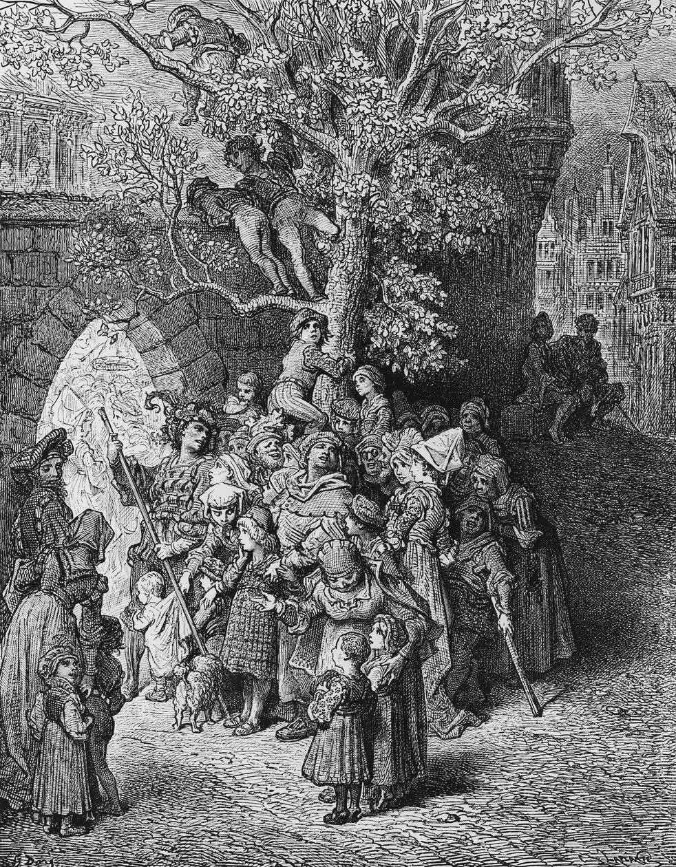 Dav přihlížejících a diváků na svatbě, scéna z filmu The Rime of the Ancient Mariner od S.T. Coleridge, vydal Harper und Brothers, New York, 1876 (dřevoryt) od Gustave Dore