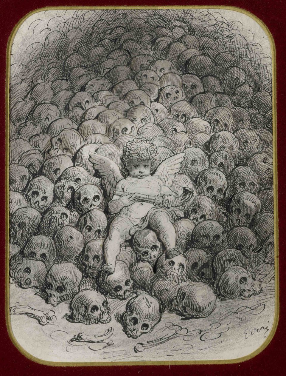 ""Amor ozbrojený pistolí sedící na hoře lebek" (Amor s pistolí na vrcholu hory lebek) Tuš a kresba Gustava Dore (1832-1883) Soukromá sbírka od Gustave Dore