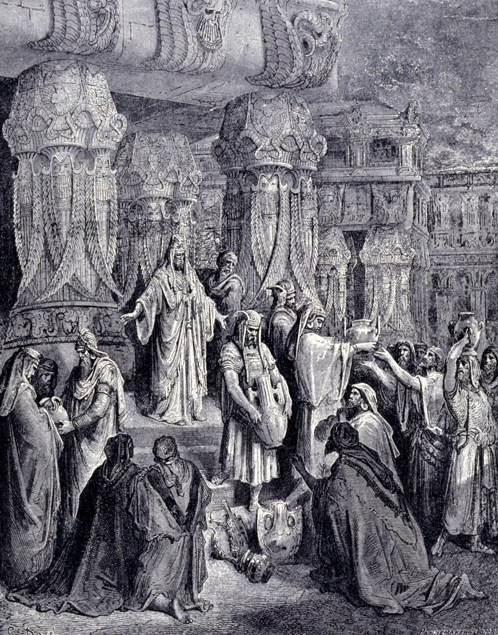 Kýros II. Veliký (580 př. n. l. - 530 př. n. l.) po svém příjezdu do Babylonu v roce 539 př. n. l. osvobodil zajaté národy a vrátil židovskému lidu posvátné nádoby, které byly odvezeny jako kořist v jeruzalémském chrámu. Rytina Gustava Doré. od Gustave Dore