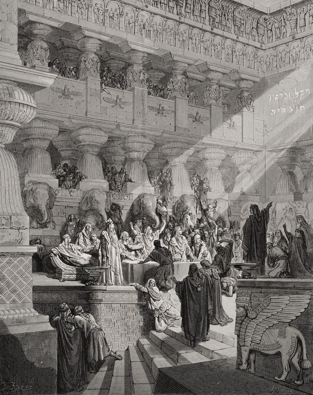Daniel Interpreting the Writing on the Wall, Daniel 5:25-28, ilustrace z Doreovy 