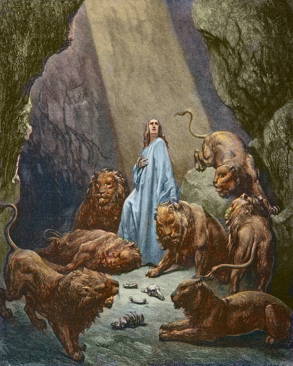 Daniel je uvržen do Doupěte lvů - Daniel v Doupěti lvů - rytina Gustava Dore - pozdější kolorování od Gustave Dore