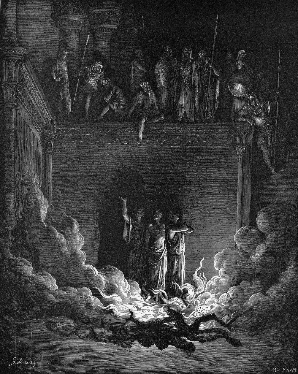Danielovi společníci v ohnivé peci od Gustave Dore